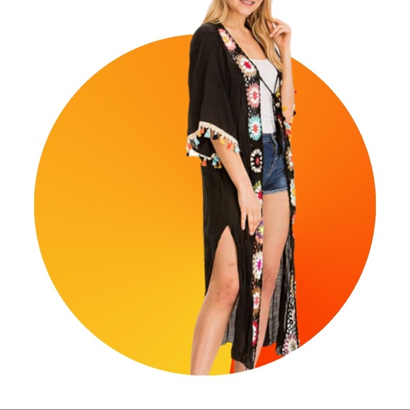 Crochet Floral Black Tie Tassel Embroidered Kimono - Picture 2 of 8